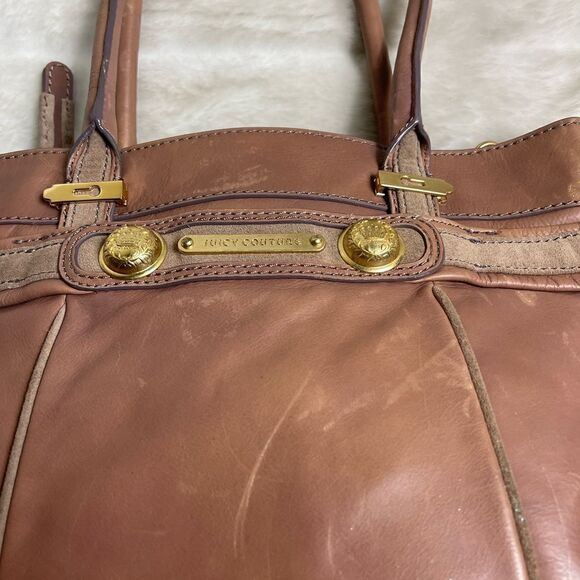 Juicy Couture Gothic Dots Cafe Bestsellers Fame Satchel  Juicy Couture leather Rose brown Satchel light brown suede trim gold tone accent
